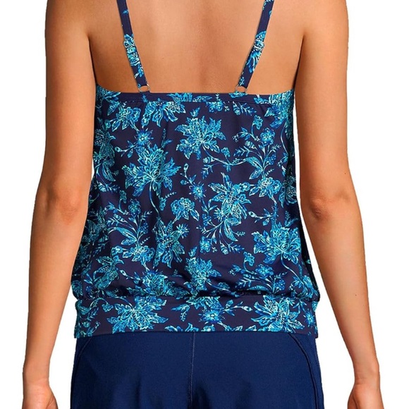 Lands End Deep Sea Navy Jacobean Blouson Swim Top Size 10 - Picture 2 of 7